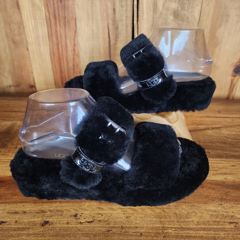 UGG Black Fuzz Yeah Shearling Slide Sandals